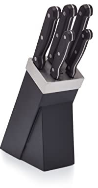 KitchenCraft Messerblock mit 5 Messern, Messerhalter für 5-teiliges Messerset aus Edelstahl, Messer mit genieteten Griffen, Abwischbar/Spülmaschinenfest, Silber/Schwarz, 15 x 8 x 29,5 cm, 6-Einheiten