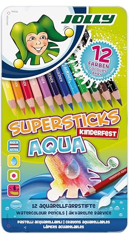 JOLLY Supersticks Kinderfest AQUA Buntstifte, 12er-Metalletui, Wasservermalbar, Bruchsicher, 3.8 mm Mine, Made in Austria