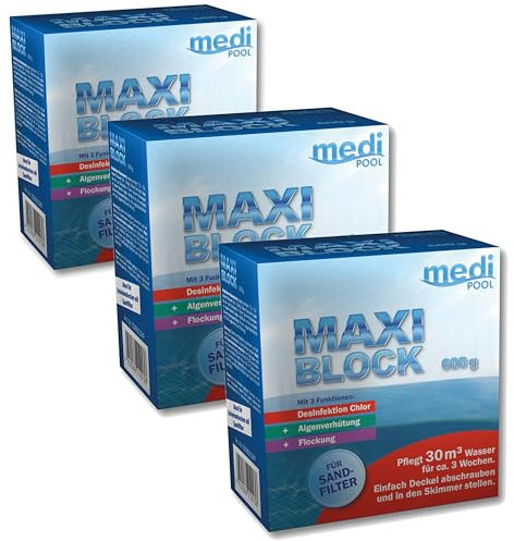 Maxiblock 3 in 1 Vorteils-Set, 3X 600g, organisch, langsam löslich, Aktivchlor-Gehalt mindestens 90%, Desinfektion, Algenschutz, Flockung für Pools mit Sandfilteranlagen, mit Pool-Pflegetipps extra
