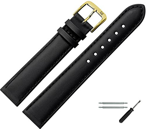 MARBURGER Uhrenarmband 19mm Leder Schwarz Gold Glatt Mit Naht - Montage Set 8071910000220