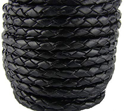 Cordon en cuir tressé rond - 4 mm Noir - Longueur au choix, Cuir, Noir , 1 mètre