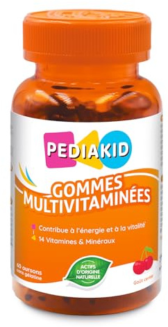 PEDIAKID - Multivitamin Gums - Natürliche Formel mit köstlichem Kirscharoma - Trägt zur Verringerung von Müdigkeit bei - Unterstützt die natürlichen Abwehrkräfte des Körpers - 60 Kaugummis