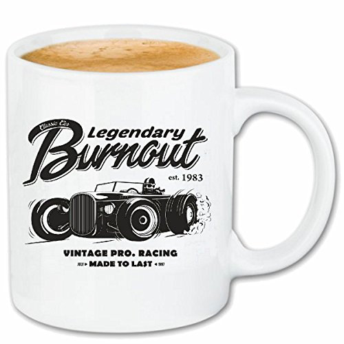 Reifen-Markt Kaffeetasse LEGENDARY CLASSIC CAR BURNOUT VINTAGE HOT ROD US CAR MUCLE CAR V8 ROUTE 66 USA AMERIKA Keramik 330 ml in Weiß