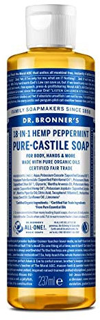 Dr Bronner's 18-in-1 Peppermint Pure-Castile Liquid Soap, Made with Organic Oils, Used for Face, Body, Hair, Laundry, Pets and Dishes, Certified Fair Trade & Vegan Friendly, 237ml Recycled Bottle