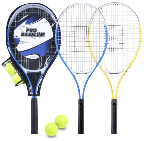 Baseline Tennis Racquets and Balls | Includes 2 Balls, Lightweight Design, Beginner Friendly, Outdoor Family Play, Easy Transport
