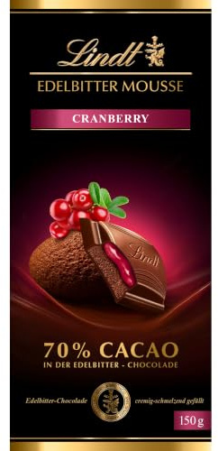 Lindt Schokolade Edelbitter Mousse Cranberry | 150 g Tafel | Mit 70 % Kakaogehalt und dunkler Mousse au Chocolat und Cranberry Füllung | Schokoladentafel | dunkle Schokolade