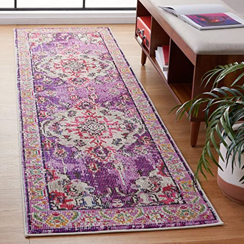 SAFAVIEH Boho Teppich für Wohnzimmer, Esszimmer, Schlafzimmer - Monaco Collection, Kurzer Flor, Violett und Fuchsia, 80 x 180 cm
