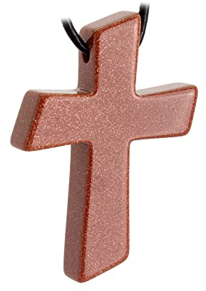 Budawi® Goldfluss Kreuz Anhänger | gebohrtes Kreuz mit Lederband | schimmernder Schmuckstein | Geschenkidee
