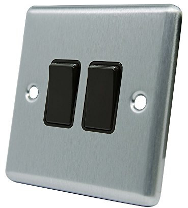 AET CSC2GSWIBL Satin Chrome Classical Black Insert Plastic Rocker Switches-10 Amp Double 2 Gang 2 Way Light Switch, 240 V