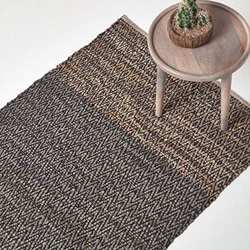 Homescapes Lederteppich grau-braun 120x180 cm, Teppich handgewebt mit Ethno-Muster aus recyceltem Echtleder, Flachgewebe mit natürlichem Look