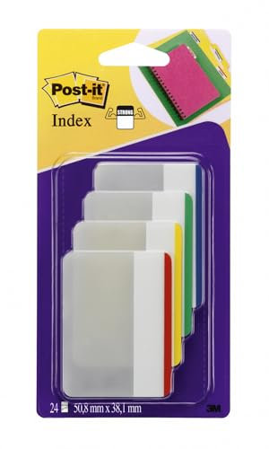 Post-it Index Strong Ablagetabs, Groß - 24 Haftstreifen 50.8 mm x 38.1 mm - Farben: Blau, Gelb, Grün, Rot- Extrastarke Haftstreifen für Dokumente und Informationen