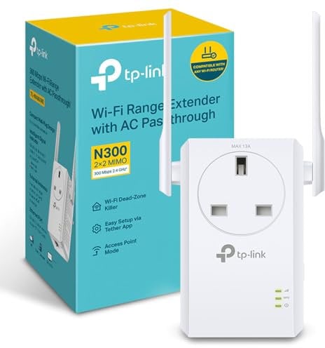 TP-Link TL-WA860RE WiFi Extender Booster with Passthrough Socket, Ethernet Port N300Mbps, Internet Booster, WiFi Repeater,WiFi Extender,App Control, WiFi Booster Range Extender, Plug and Play,UK Plug