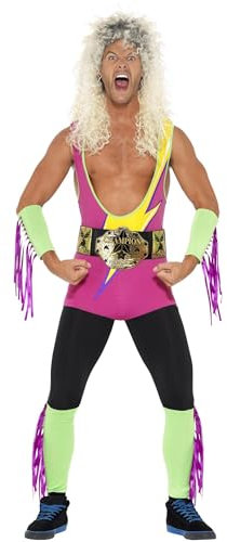 Smiffys Retro-Ringkämpfer Kostüm, mit Bodysuit, Gürtel, Arm- und Beinmanschetten