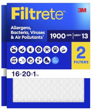 Filtrete 16x20x1 Air Filter, MPR 1900, MERV 13, Healthy Life Ultimate Allergy 3 Months Pleated 1-Inch Air Filters, 2 Filters