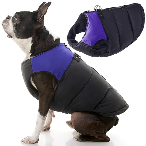 Gooby Padded Cold Weather Vest for Small Dogs with Safe Fur Guard Zipper Closure, Medium, Purple | Fleece-lined insulated warmth; Step-in back zipper; Back D-ring leash; Water-resistant; Machine washable