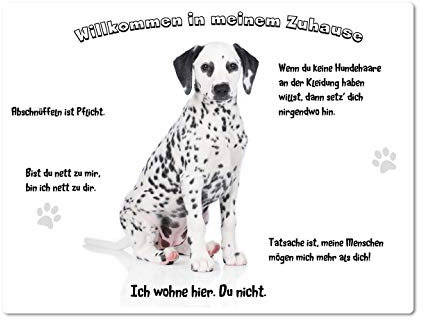 Merchandise for Fans Blechschild/Warnschild/Türschild - Aluminium - 15x20cm - - Willkommen in Meinem Zuhause - Motiv: Dalmatiner Junghund sitzend - 04