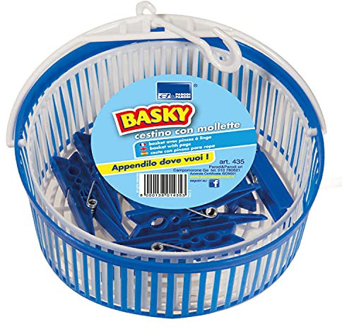 PARODI & PARODI Cestino Portamollette BASKY, Cestino Estensibile Per Mollette, Appendibile, Plastica Bianca E Blu, Art. 435