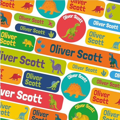 123 Name Labels for Kids No Iron Name Tags for Clothes Name Stickers for Water Bottles, School Uniform, School, Nursery, Care Homes, Washable and Dishwasher Safe for Children (Dinos)