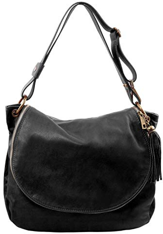 Tuscany Leather TLBag Umhängetasche aus weichem Leder mit Quasten Schwarz