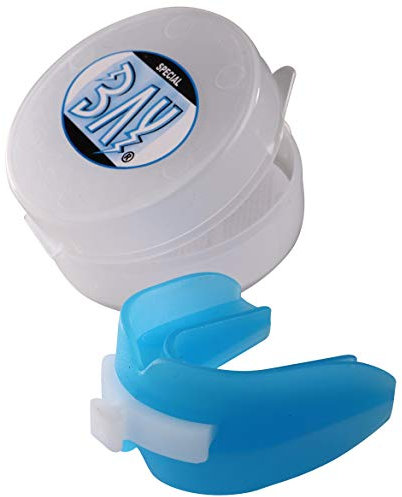 BAY® CE DOPPEL BLAU Sport-Zahnschutz mit Hygiene BOX Dose, CE GEPRÜFT, Mundschutz, Junioren, Senioren, mit DEUTSCHER ANLEITUNG, Double Oben und Unten Ober- und Unterkiefer