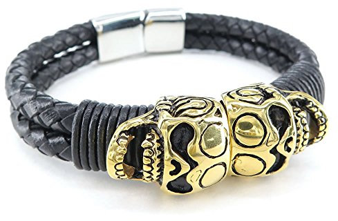 KONOV Jewellery Herren Edelstahl Armband, Gotik Totenkopf Schädel Leder geflochten Armreif, Schwarz Gold (mit Geschenk Tüte)