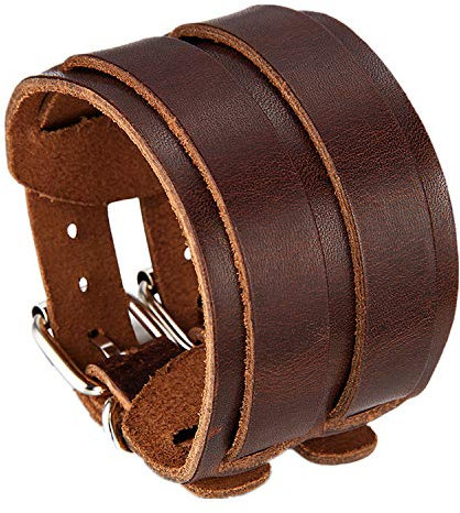 Flongo Herren Armband Lederarmband Männer Armreif Breite Leder Echtleder Armband Manschette Braun Silber Kordelkette Motorradfahrer Biker Einstellbar