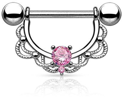 Paula & Fritz® Brustwarzen-Piercing Brustpiercing Frau Maenner Intimpiercing Mann Nippelpiercing Edelstahl Chirurgenstahl 316L Filigraner Bogen 1.6mm Zirkonia Pink