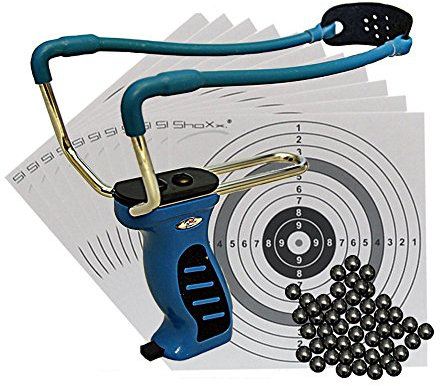 Big Blue Quick Shot Schleuder mit Kugelmagazin + 120 Stahlkugeln 8mm + Ersatzgummi + 10 ShoXx.® Shoot-Club Zielscheiben