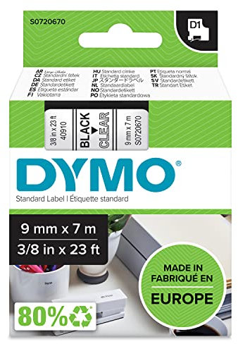 DYMO Original D1-Etikettenband | schwarz auf transparent | 9 mm x 7 m | selbstklebendes Etikettenband | für LabelManager-Beschriftungsgerät