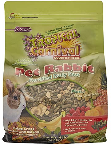 F.M. Brown's Tropical Carnival Natural Rabbit Food, 4-lb Bag - Vitamin-Nutrient Fortified Daily Diet with High Fiber Timothy Hay and Alfalfa Pellets for Optimum Digestion