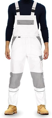 TMG® | Lange Arbeitslatzhose Herren, Weiße Malerlatzhose mit Kniepolstertaschen, Malerhose mit viel Stauraum | 94