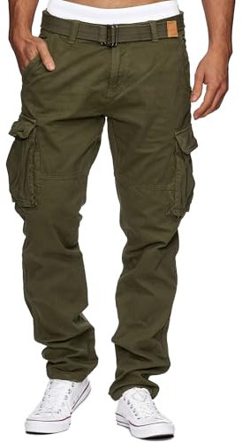 Indicode Herren William Cargohose aus Baumwolle m. 7 Taschen inkl. Gürtel | Outdoorhose Army, S