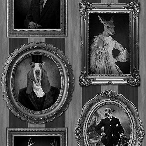 Muriva - Papier Peint Rayures Vintage Chiens Dans Cadres Cerfs Rennes Noir/Blanc/Gris J59309