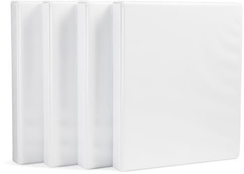 Amazon Basics 3-Ring Binder with Round Rings and Interior Pockets, 1-Inch, White, 4-Pack