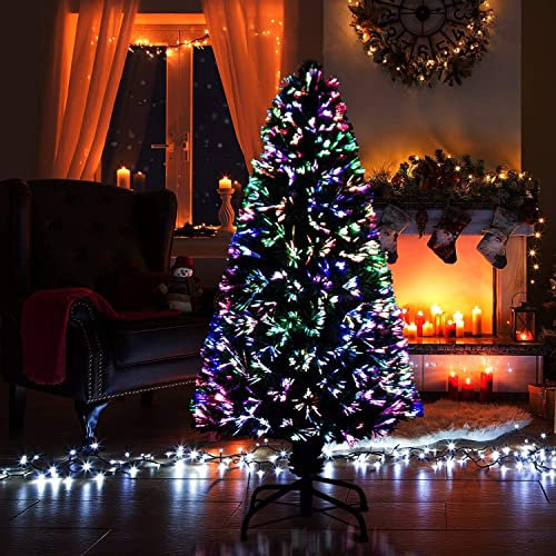SHATCHI 3Ft/90cm FFibre Optic Christmas Multicolour Changing LED Decorations-Pre-Lit Green Artificial Xmas Tree Colourful Lights, PVC, 90 cm
