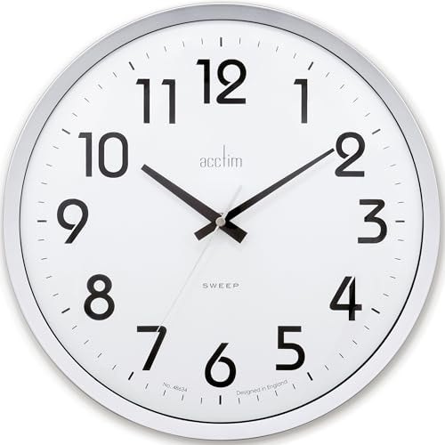 Acctim Orion Wall Clock Non Ticking Sweep Quartz Easy Read Arabic Numbers Silver/White 33cm
