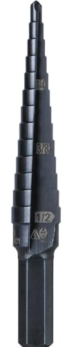 Klein Tools KTSB01 Step Drill Bit Double-Fluted #1, 1/8 to 1/2-Inch with Easy-to-Read Markings and Targets, 3/8-Inch Hex Shank