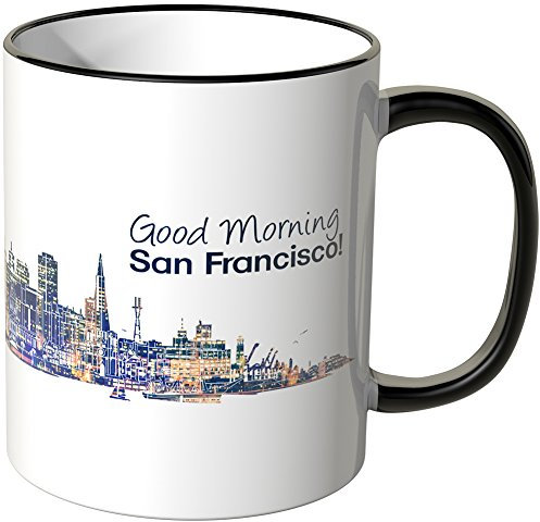 WANDKINGS® Tasse, Schriftzug Good Morning San Francisco! mit Skyline bei Nacht - SCHWARZ