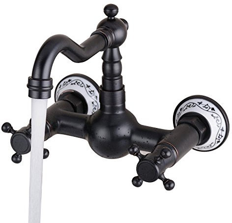HomeLava Vintage Robinet de Cuisine Mural en Laiton Noir Ancien Mitigeur Cuisine Mural Retro Bronze Antique Rotation 360 ° Double Contrôle Prune Croix Volant