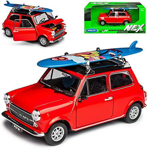 Welly Mini Cooper Ur Modell Rot Schwarz mit Surfbrett 1959-2000 1/24 Modell Auto mit individiuellem Wunschkennzeichen