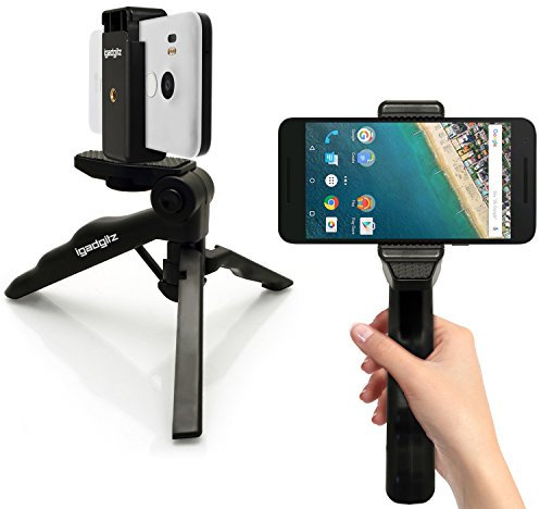 iGadgitz U4359-KIT 2 in 1 Pistol Grip Stabilizer and Mini Lightweight Table Top Stand Tripod with Phone Bracket Mount Compatible with Apple iPhones (Various) - Black