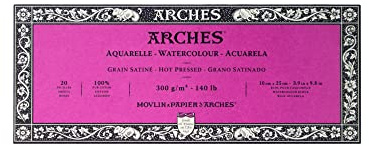 Arches 1795068 Aquarellpapier im Block (10 x 25 cm, 4-seitig geleimt, 300g/m² Satiniert) 20 Blatt naturweiß
