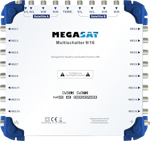 Megasat Multischalter 9/16 – 2 Satelliten / 16 Teilnehmer | Verteilung von Satellitensignalen an mehrere Receiver