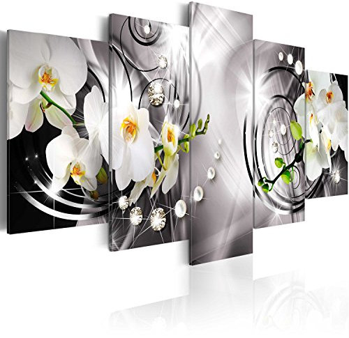 B&D XXL - Wandbilder XXL Abstrakt 200x100cm 5 tlg - Wand Deko Leinwand Bilder Groß Wanddeko Wohnzimmer Schlafzimmer Kunstdrucke - Blumen Orchidee Perlen Diamant b-A-0257-b-p