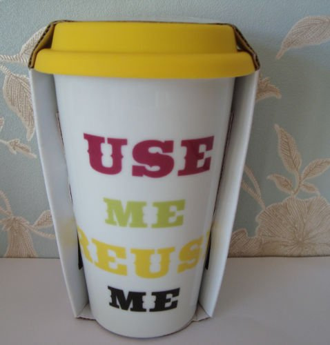 Use Me Reuse Me - Double Walled Ceramic Travel Mug - Yellow