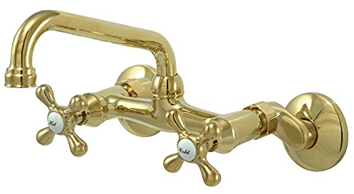 Kingston Brass KS213PB Victorian Two Handle Wall Mount Kitchen Faucet, 7-Inch, Polished Brass