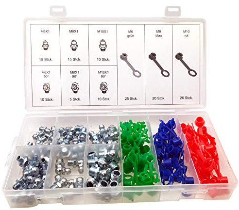 ALKAN Schmiernippel Kegelnippel inkl. Schutzkappen für Schmierpressen Größe M6 M8 M10 0° 90° Hydraulik Fettnippel (in der Aufbewahrungsbox/Sortimentsbox), 130-tlg.