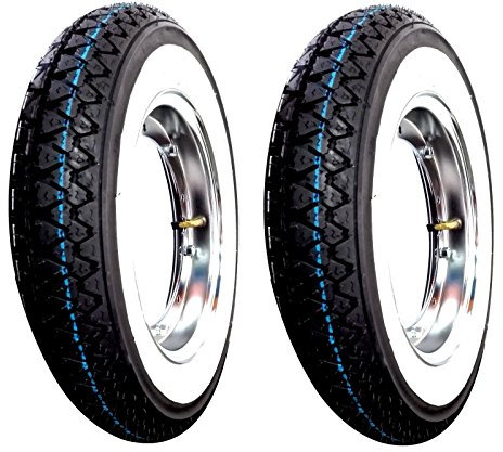 Paar 2 Räder komplett montiert für Piaggio Vespa PX 125 150 200 mit: 2 Felgen, 2 Reifen Kenda K 333 mit weißem Band DOT 2016 Größe 3.50-10 51J 4PR, 2 Schläuche KENDA mit verchromten Felgen RMS