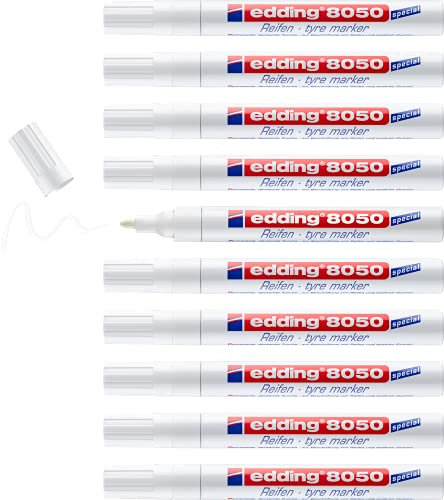 edding 8050 tyre marker - weiß - 10 Stifte - Kugelschreiber 2-4 mm - zum Beschriften von Reifen und anderen Gummiflächen, für innen und außen, wasserfest