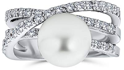 Bling Jewelry Geometrischer Criss Cross Pave CZ Solitär Weiß Simulierte Perle Statement Ring für Damen Versilbertes Messing